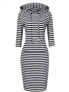 Black and White Striped Hoodie Dress with 3/4 Sleeves and Kangaroo Pocket